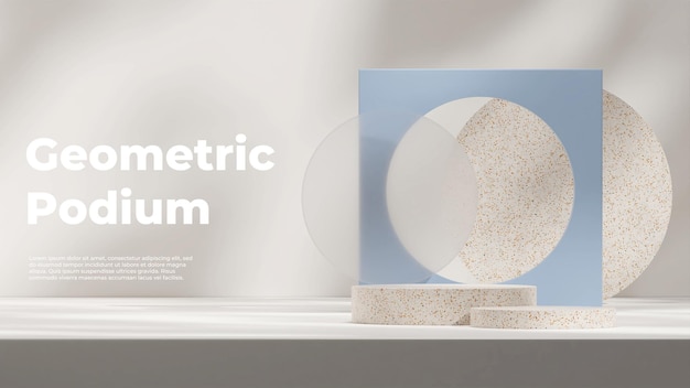 3D-rendering mock up van terrazzo podium in landschap met blauwe achtergrond en witte muur