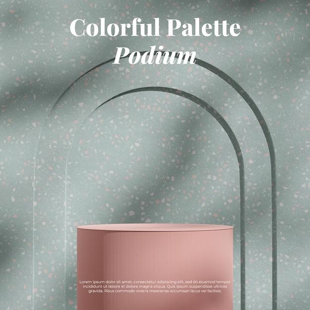 3d-рендеринг макета зеленой стены текстуры терраццо и розового пустого подиума на площади с подсветкой гобо
