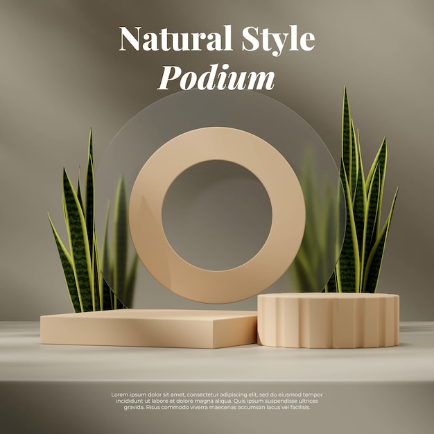 3d-рендеринг макета светло-коричневого подиума в квадрате со змеиным растением, стеклом и кругом на фоне