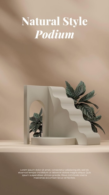 Mockup di rendering 3d nel podio del prodotto con layout verticale con calathea a strisce rosa e luce gobo