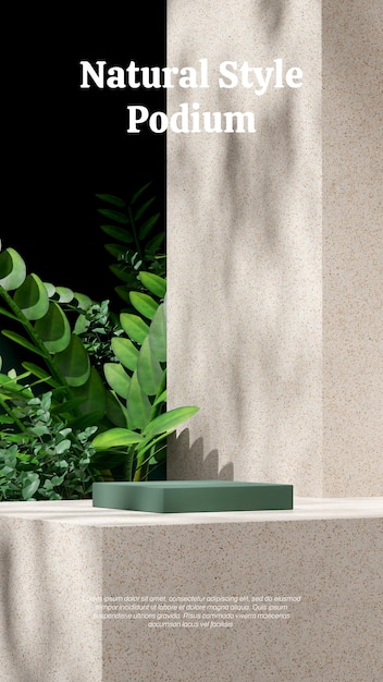 3d rendering mockup ruimte groen rechthoek podium in portret terrazzo textuur muur en zamia planten