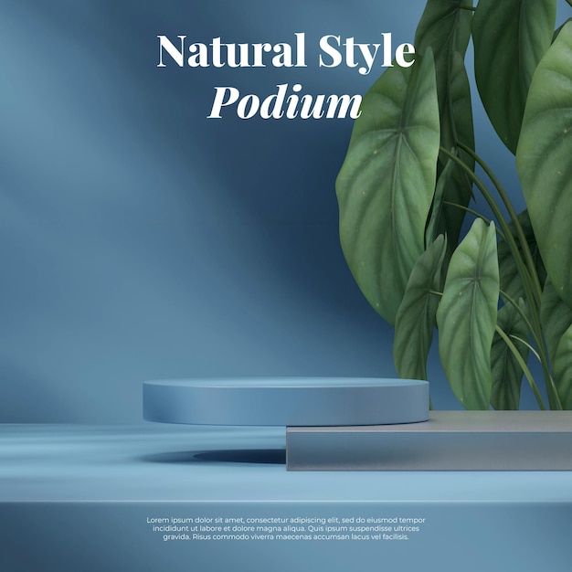 3D rendering mockup scene blauw en glazen podium in vierkant met groene blad caladium plant