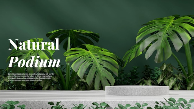 3d rendering mockup sjabloon van wit granieten podium in landschap met groene monstera kamerplant