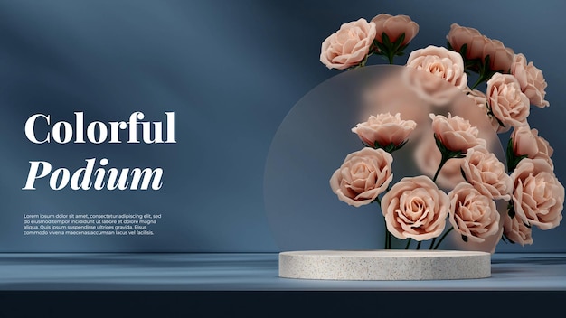 3d rendering mockup template pink rose bouquet and terrazzo podium in landscape layout image