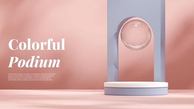 3d rendering mockup template of white and blue podium in landscape with pink wall background