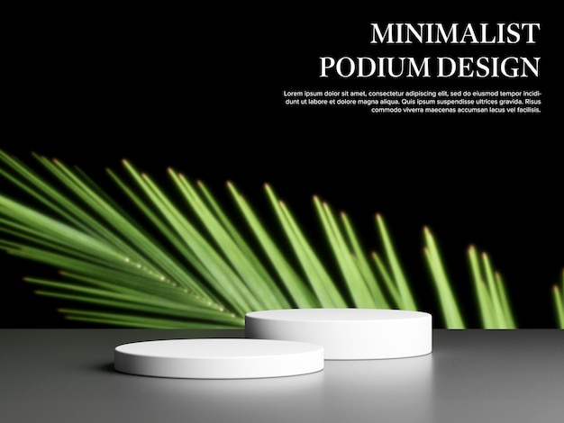 Modello di rendering 3d di un podio bianco con foglia di palma sullo sfondo scuro