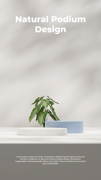 Modello di mockup di rendering 3d con podio blu e bianco in verticale con pianta e ombra di syngonium