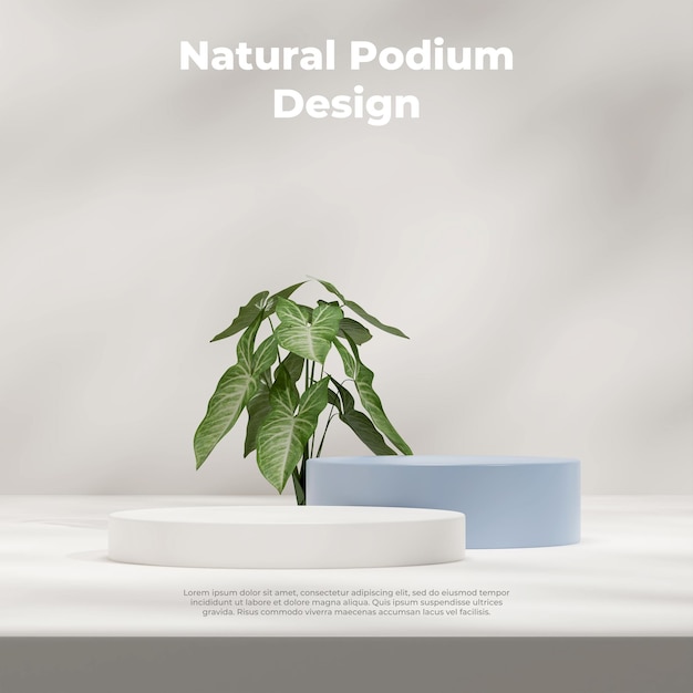PSD 3d rendering mockup template with blue and white podium in square with syngonium plant and shadow
