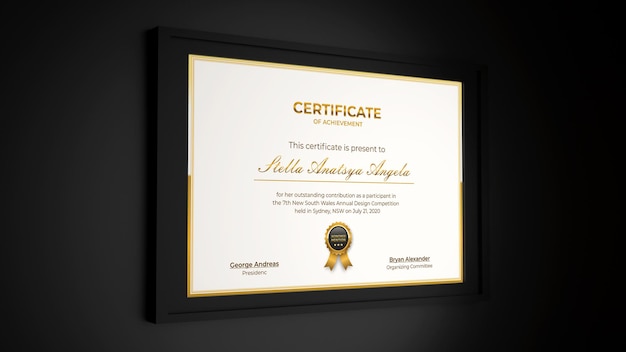 PSD rendering 3d design moderno del modello realistico del certificato in eleganti interni neri black