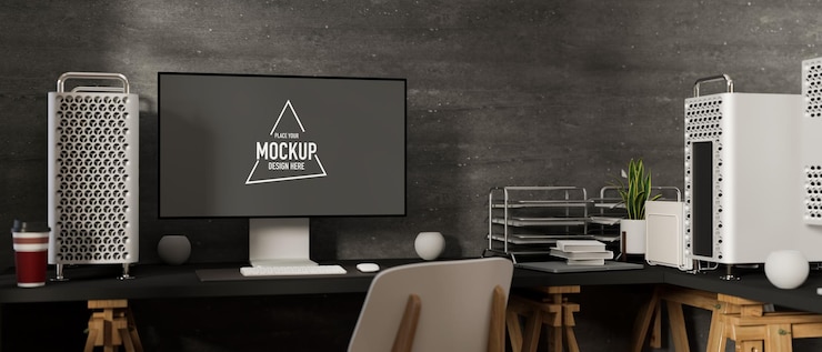 PSD 3d rendering of modern office room with computer mockup