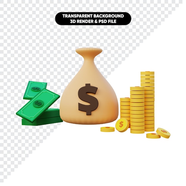 3d rendering of money bag coin stack