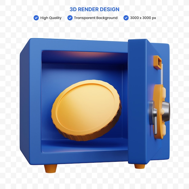 PSD 3d rendering money safe box with one coin inside isolated