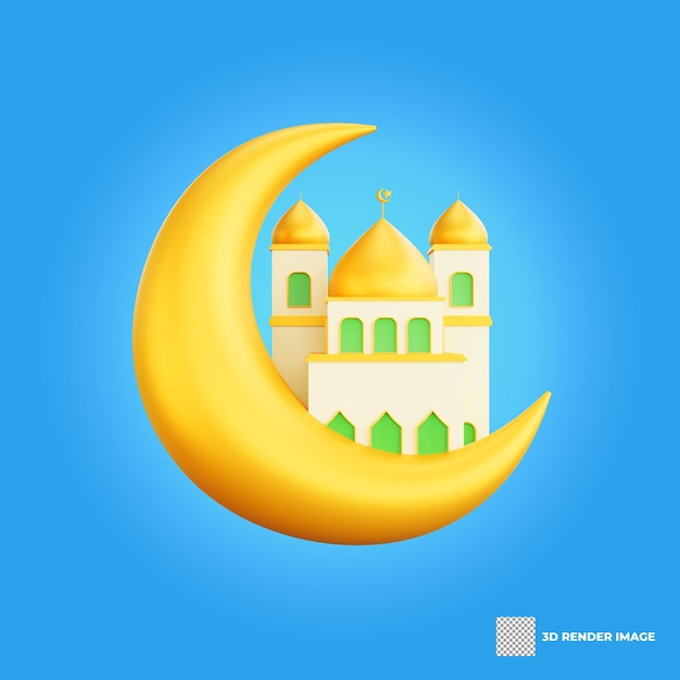 Rappresentazione 3d dell'icona del ramadan della luna e della moschea