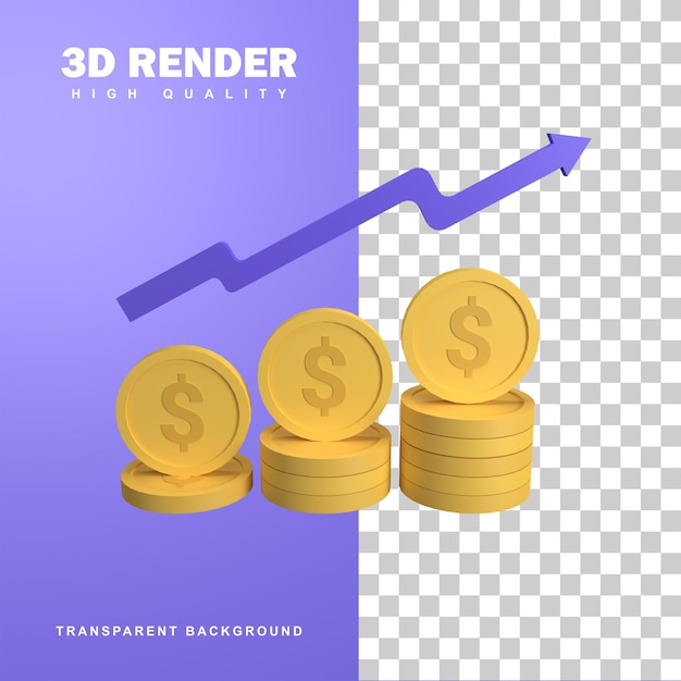 3d-rendering munt dollar met pijl omhoog