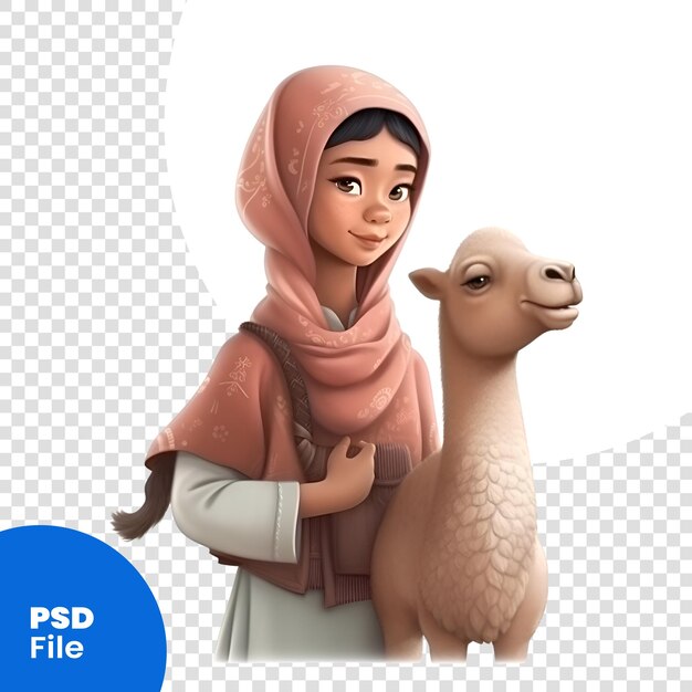 PSD rendering 3d di una ragazza musulmana con cammello isolato su sfondo bianco modello psd