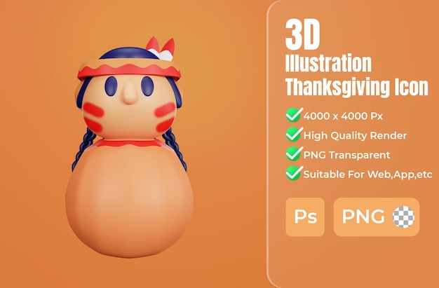 PSD 3d rendering native woman thanksgiving icon