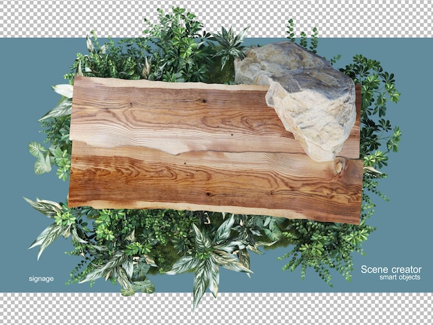 3d rendering of natural wood with plants isolated