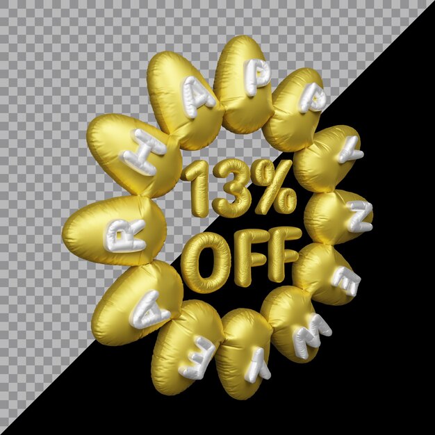 PSD 3d rendering of new year offer with 13 percent off balloon gold