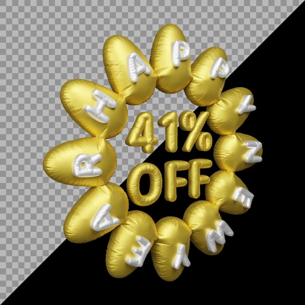 3d rendering of new year offer with 41 percent off balloon gold