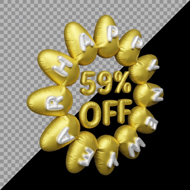 Rendering 3d dell'offerta di capodanno con il 59% di sconto sull'oro del palloncino