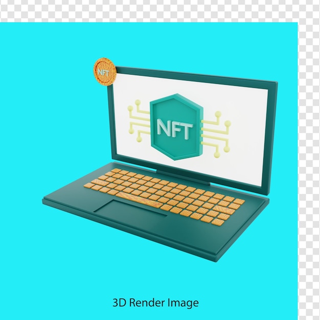 PSD rendering 3d della rete nft sul laptop