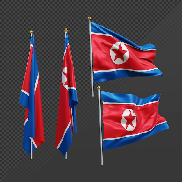 3d-rendering noord-korea vlag zwaaien fladderen en geen fladderen perspectief verschillende weergave