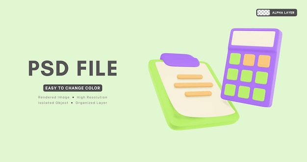 PSD icona della calcolatrice e del blocco note di rendering 3d