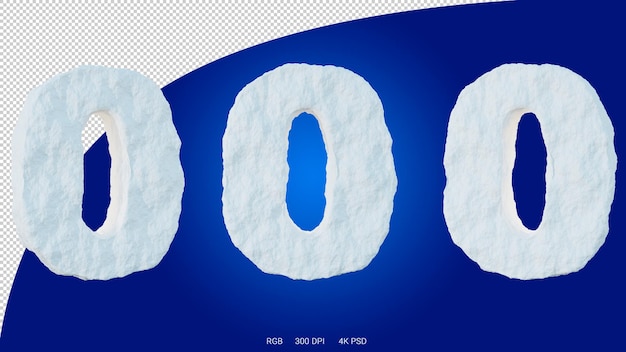 3D rendering of the number 0 in the shape and style of a glacier on a transparent background