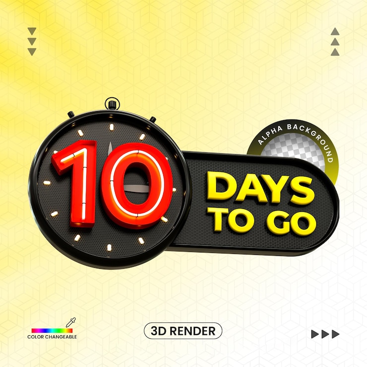 PSD 3d rendering number of 10 days left countdown timer 3d number with 3d clock for psd composition