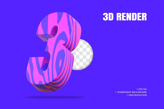 PSD rendering 3d numero 3 isolato