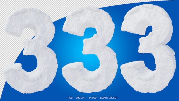 3d rendering of the number 3 in the shape and style of a snow on a transparent background