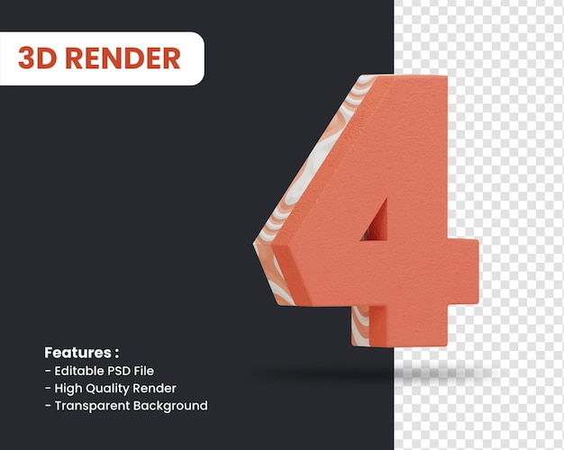 3d rendering of number 4 with abstract texture effect isolated