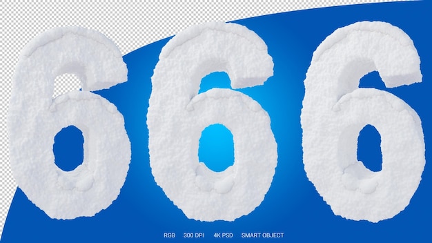 3d rendering of the number 6 in the shape and style of a snow on a transparent background