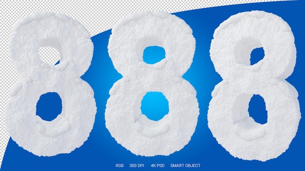 3d rendering of the number 8 in the shape and style of a snow on a transparent background