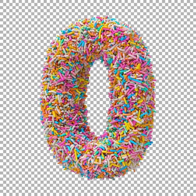 3d rendering of a alphabet number 0 made with colorful sprinkles on transparent background
