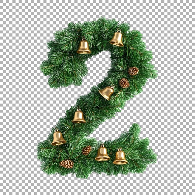3d rendering of a alphabet number 2 made with christmas tree with bells on transparent background
