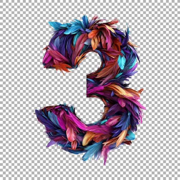 3d rendering of a alphabet number 3 letter made from feathers on transparent background