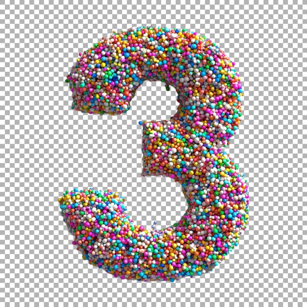 3D Rendering of a alphabet number 3 made with Colorful Sprinkles on Transparent Background