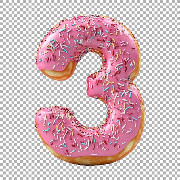 3d rendering of a alphabet number 3 made with donut cartoon on transparent background