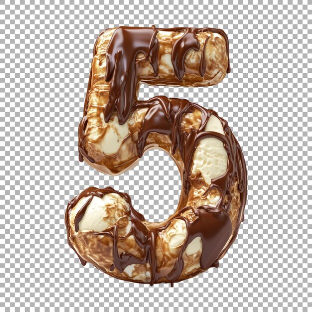 3d rendering of a alphabet number 5 made with chocolate coated ice cream on transparent background