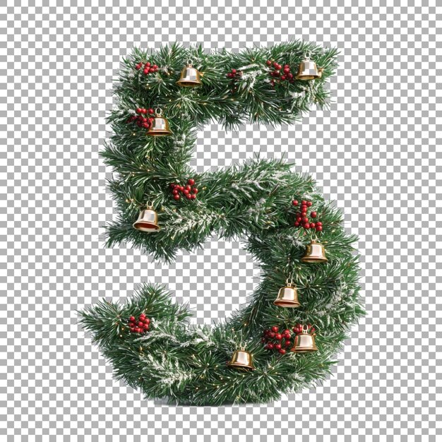 3d rendering of a alphabet number 5 made with christmas tree with bells on transparent background
