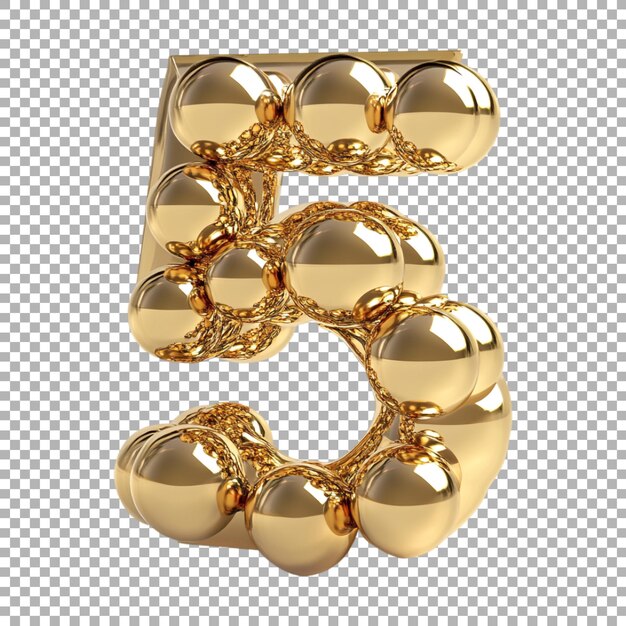 3d rendering of a alphabet number 5 made with gold balls on transparent background