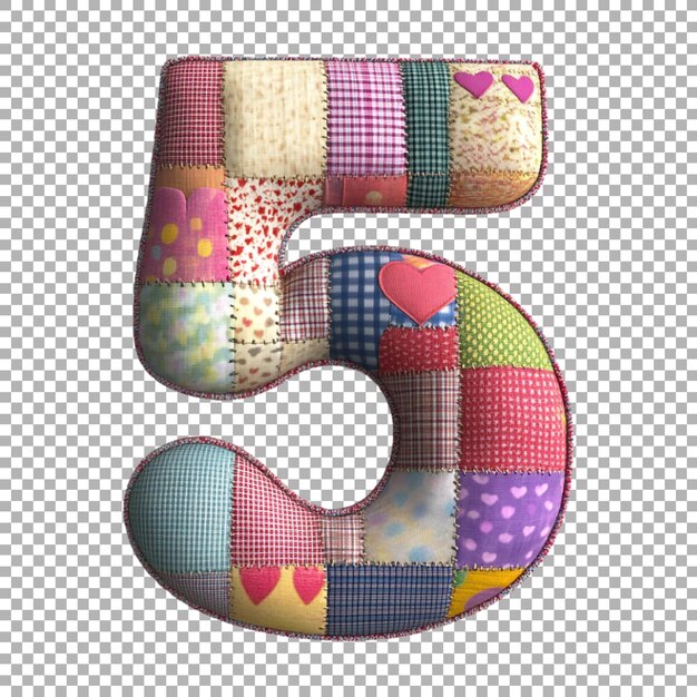 3D Rendering of a alphabet number 5 made with Heart Patchwork on Transparent Background