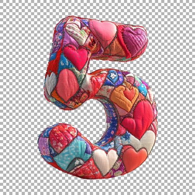 3D Rendering of a alphabet number 5 made with Heart Patchwork on Transparent Background