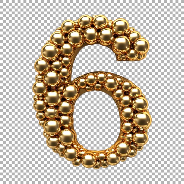 3d rendering of a alphabet number 6 made with gold balls on transparent background