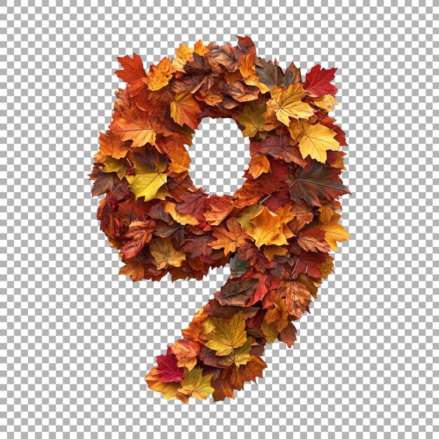 3d rendering of a alphabet number 9 made with autumn leaves on transparent background