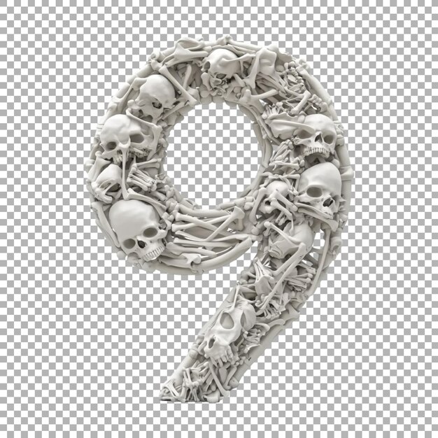 3d rendering of a alphabet number 9 made with bones on transparent background