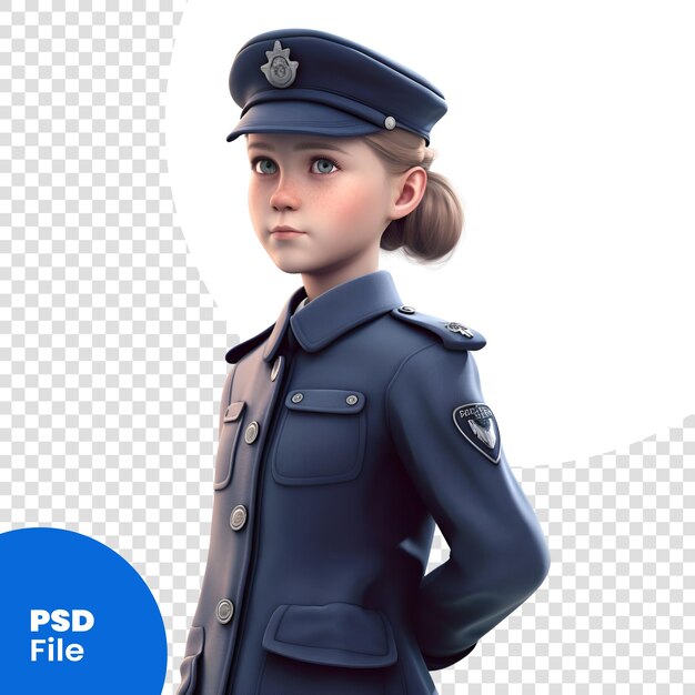 PSD 3d-рендеринг красивой девушки-полицейского на белом фоне psd шаблон