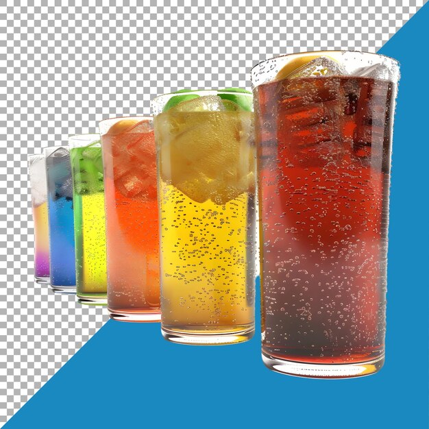 PSD 3d-рендеринг красочного стакана безалкогольных напитков или соков на прозрачном фоне