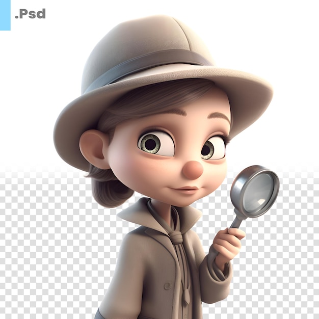 PSD 3d レンダリングの可愛い探偵の女の子を拡大鏡で psd テンプレートで